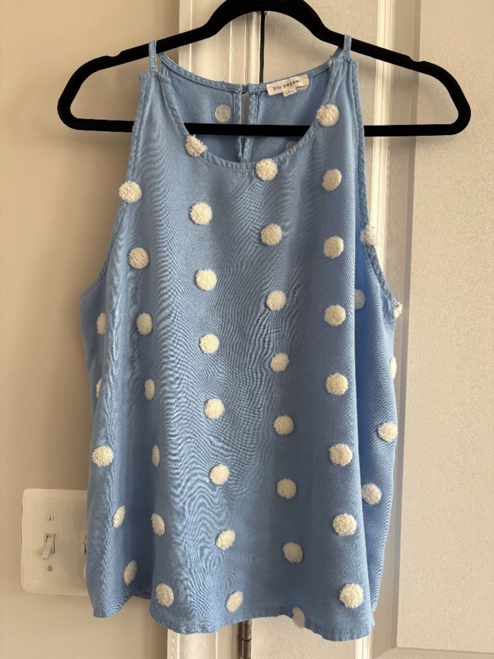 Blu Pepper Sleeveless Light Blue Top Tank Blouse w White Polka Dots - SZ L